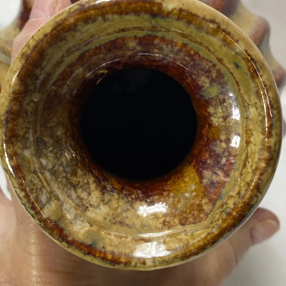 Vintage Fluted Ceramic Vase Earth Tones Striped Glaze Decorative Home Decor‎